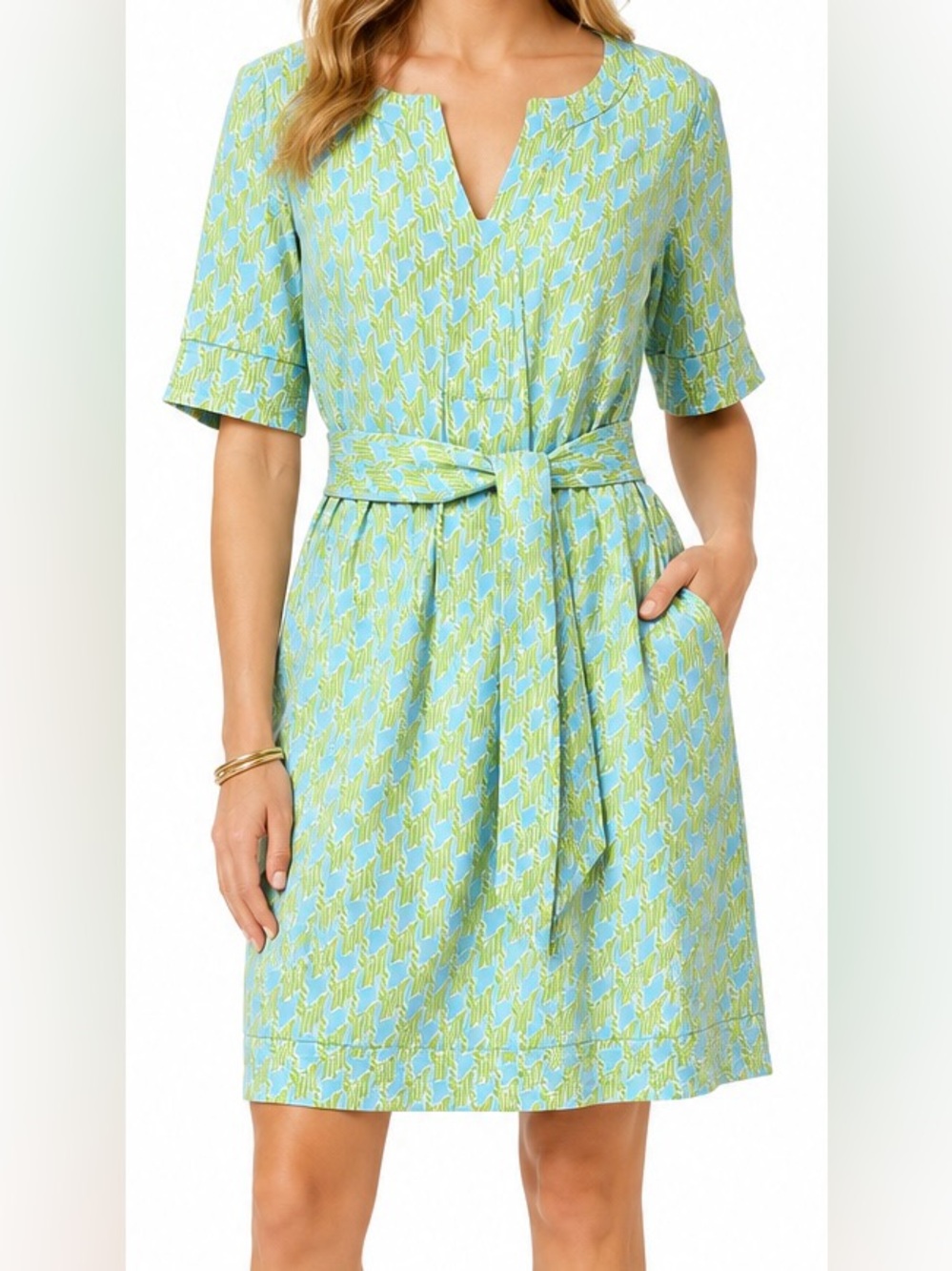 Lilly Pulitzer Silk Belted Shift Dress Blue Green Print Size 4